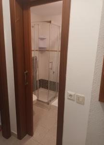 bagno con box doccia in vetro e servizi igienici di Appartamento sorelle A&C a Costa de Antigua