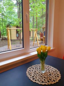 a vase of flowers sitting on a table next to a window at Pajūrio Kempingas in Klaipėda