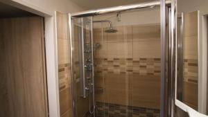 a shower with a glass door in a bathroom at School Apartment - Your Unique Place in Prague by metro Vyšehrad in Prague
