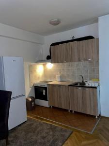 cocina con fregadero y nevera en Apartment Dostojevski, en Novi Sad