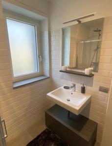 baño con lavabo, ventana y espejo en Grazioso appartamento con giardino privato en Asti
