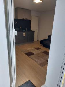 una puerta abierta a una sala de estar con cocina en Gemütliche Wohnung in Happenbach, en Abstatt