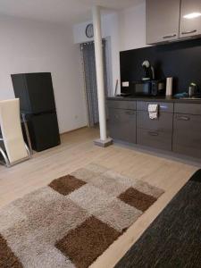 Cette chambre dispose d'une cuisine avec un tapis. dans l'établissement Gemütliche Wohnung in Happenbach, à Abstatt