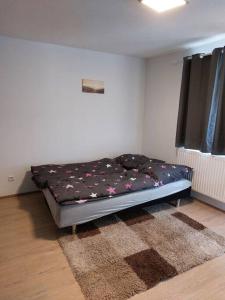 - un petit lit dans une chambre avec un tapis dans l'établissement Gemütliche Wohnung in Happenbach, à Abstatt
