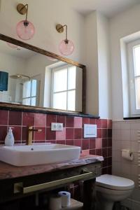 a bathroom with a sink and a toilet and a mirror at Ferienwohnung Parterre in Varel