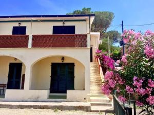 ein weißes Haus mit einer blauen Tür und rosa Blumen in der Unterkunft Bilocale con ampio terrazzo in Marciana Marina