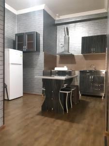 a kitchen with a counter and a white refrigerator at vazisubani, shandor pedef 7 balavari in Tbilisi City
