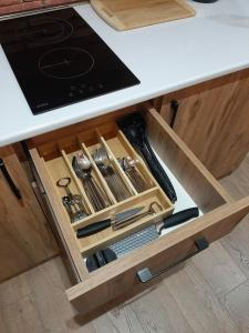 a drawer in a kitchen with utensils in it at Matt & Sarah’s Cozy Family Duplex in Gudauri