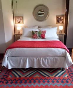 a bedroom with a large bed with a red blanket at Aloe Valley Retreat in Oudtshoorn