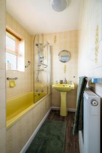 a bathroom with a yellow sink and a shower at Jane & Julies place in Gresford