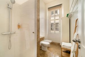 a white bathroom with a toilet and a shower at Alcácer Flat in Alcácer do Sal