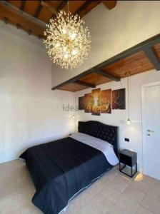 een slaapkamer met een zwart bed en een kroonluchter bij Lilly’s Apartment Firenze in Florence