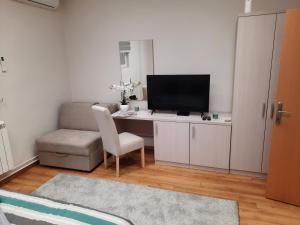 een woonkamer met een bureau met een tv en een stoel bij Aleksa 2 in Belgrado
