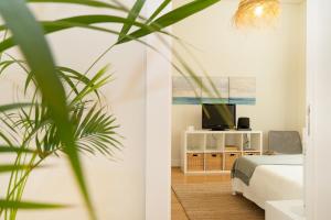 ein Schlafzimmer mit einem Bett und einem TV auf einem weißen Schrank in der Unterkunft Alcácer House in Alcácer do Sal