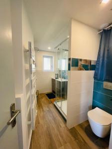 La salle de bains est pourvue de toilettes et d'une douche en verre. dans l'établissement Les Gîtes De La Caneda, à Sarlat-la-Canéda