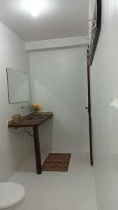 a bathroom with a sink and a mirror and a toilet at Casa Serena in Atins
