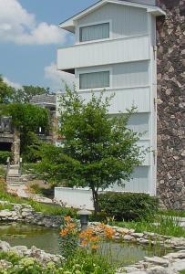 ein Gebäude mit einem Baum vor einem Teich in der Unterkunft Quail's Nest Inn & Suites in Osage Beach