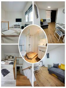 a collage of three pictures of a bedroom and a living room at Mini duplex apartman in Dušanovac (historical)