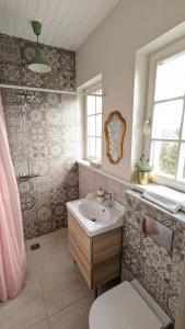 a bathroom with a sink and a shower and a toilet at Provansalis in Paberžė