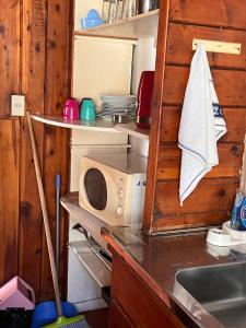 una cucina con lavello e microonde di hermosa cabaña a San Carlos de Bariloche Altre 6 foto