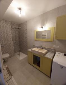 a bathroom with a sink and a shower at Blue Joy Bukovina Aparthotel in Suceava