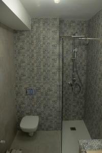 a bathroom with a shower with a toilet and a sink at Blue Joy Bukovina Aparthotel in Suceava +16 photos