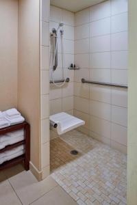 een badkamer met een douche en een toilet. bij Detroit Marriott Livonia in Livonia
