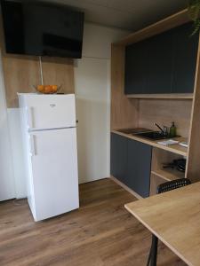 - un réfrigérateur blanc dans la cuisine avec une table dans l'établissement Mobilna hiška 21 v kampu BIG BERRY, à Metlika