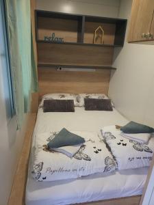 - une chambre avec 2 lits et des oreillers dans l'établissement Mobilna hiška 21 v kampu BIG BERRY, à Metlika