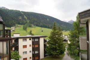 ein Blick auf eine grüne Wiese und ein Gebäude in der Unterkunft Valbella in Davos + 4 Fotos