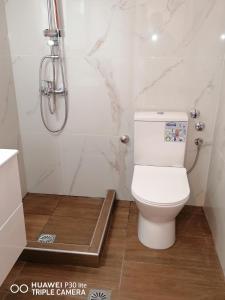 a bathroom with a toilet and a shower at Ισόγειο Εξοχικής Παραθαλάσσιας Μονοκατοικίας Villa Anastasia Νέα Ηράκλεια Χαλκιδικής in Nea Iraklia