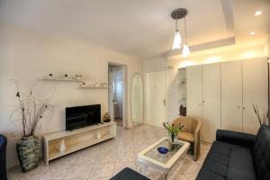 a living room with a couch and a tv at Meteora Sky House in Kalabaka