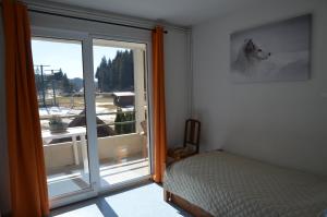 普雷芒翁的住宿－Le Repaire du Loup blanc，一间卧室设有一张床和一个滑动玻璃门