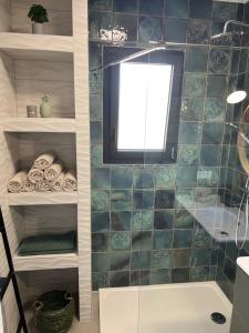uma casa de banho com um chuveiro, uma janela e uma banheira em Casa Agatha : Villa avec piscine em Figari