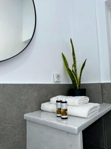 a bathroom counter with towels and two bottles of honey at A drop from the sea in Finikas