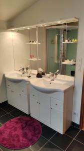 Sauzet的住宿－Appartement Victoria，浴室设有2个水槽和紫色地毯。