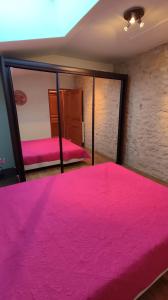Sauzet的住宿－Appartement Victoria，卧室配有粉红色的床和镜子