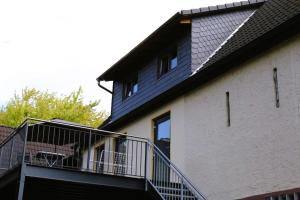 a blue house with a balcony with a dog on it at Dreimädelhof in Rüdesheim am Rhein