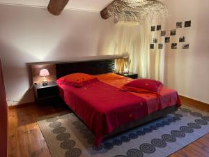 a bedroom with a red bed with two pillows on it at MAS D’OLIVE ET KALOU in Sauve