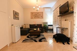 uma sala de estar com um gato preto no chão em Cozy Apartment Νear Nea Paralia of Thessaloniki em Tessalônica