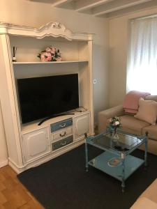 a living room with a large television and a couch at VILLA OLIMAR 