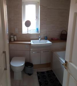 uma casa de banho com um lavatório, um WC e uma janela. em Entire house, Crambeck,Welburn, near Castle Howard em Welburn