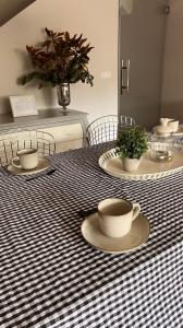 a table with plates and cups on a checkered table cloth at BenedettaMolinaseca VuT in Molinaseca +66 photos
