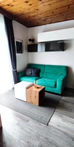 un soggiorno con divano verde e tavolino da caffè di Regina del Bosco della vicina Cavalese a Daiano