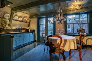 une cuisine avec une table et des chaises ainsi qu'un lustre dans l'établissement De Ginkgo in het hart van Hoorn, à Hoorn