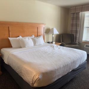ダルースにあるDuluth Inn & Suites Near Spirit Mountainの大きなベッドと椅子が備わるホテルルームです。