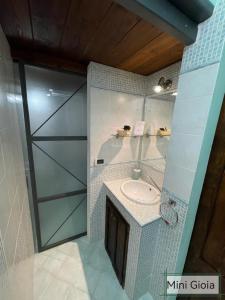 een badkamer met een wastafel en een glazen douche bij PienzaLettings "Casa Gioia" in Pienza
