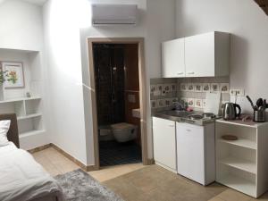 a small kitchen with white cabinets and a bathroom at Aparthotel Cross Street 4 in Ljubljana