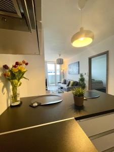a kitchen with a counter with a vase of flowers on it at New apt in new building located begin of Petrzalka in Bratislava