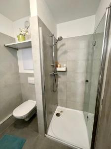 a bathroom with a shower and a toilet at New apt in new building located begin of Petrzalka in Bratislava